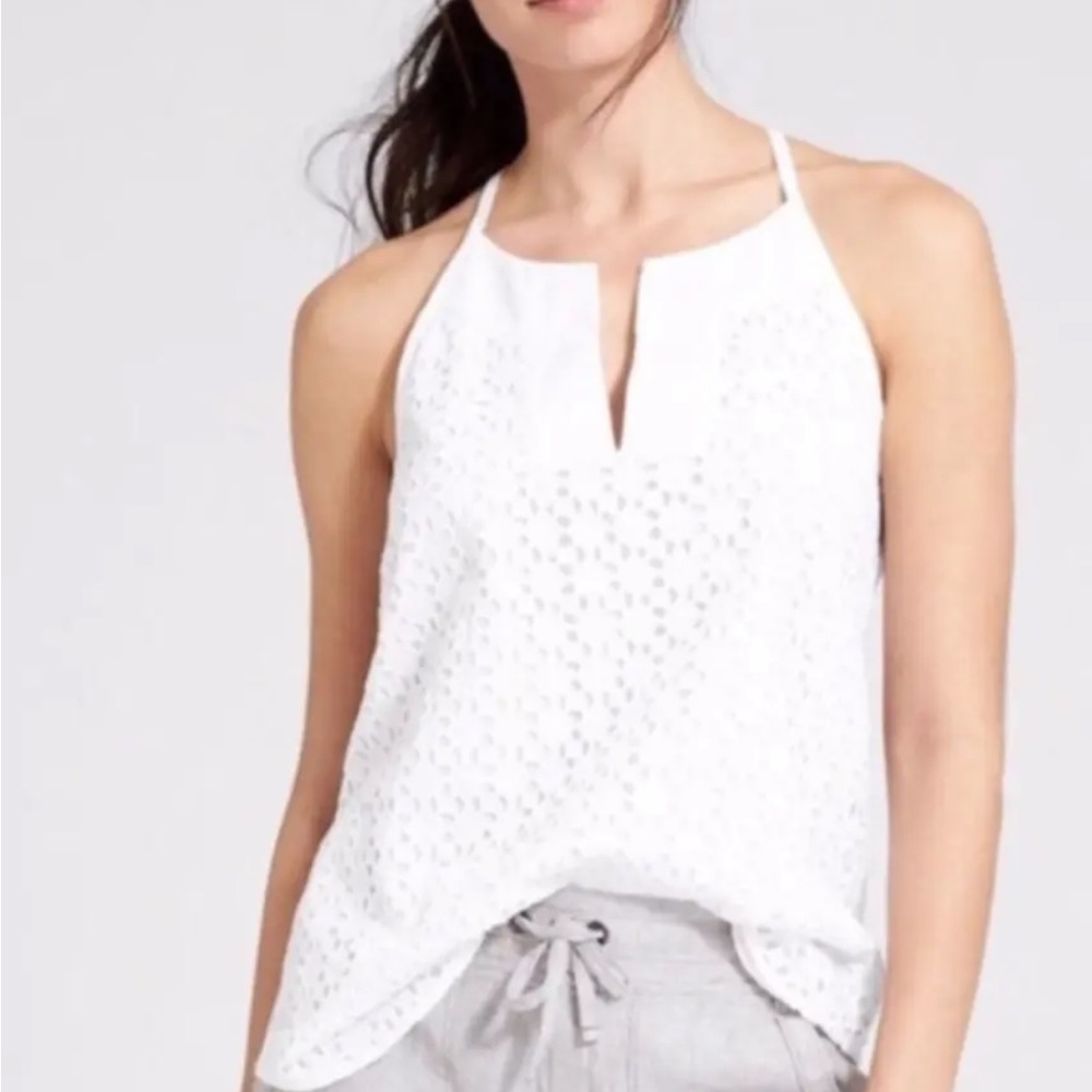 ATHLETA White Evelet Dunes V-Neck Tank Sleeveless Top Boho Size XS